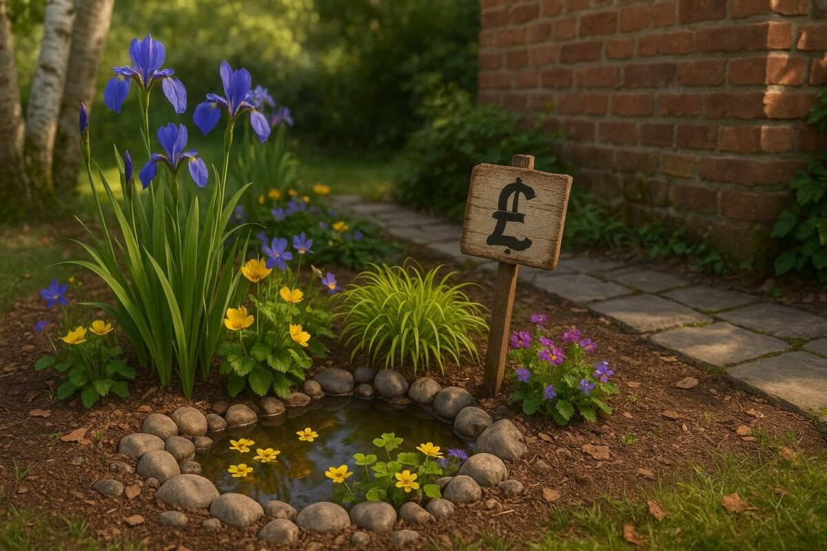 Rain Garden Beauty with Irises and Marigolds